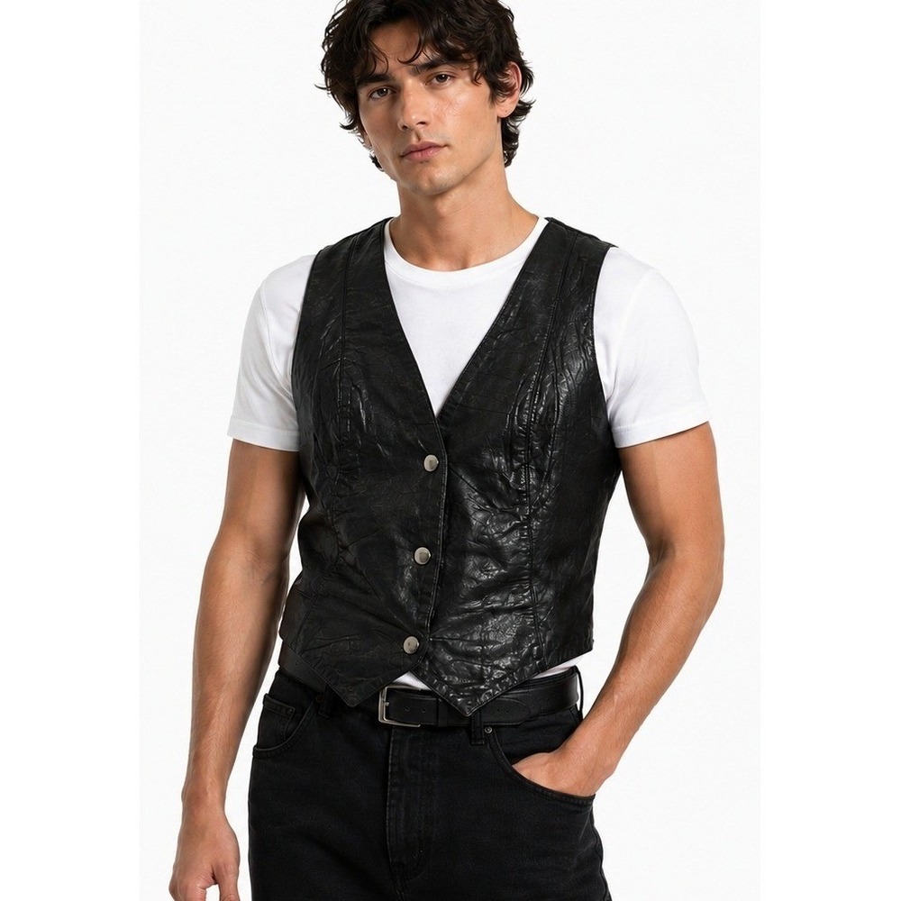 Wilsons The Leather Experts Unisex Black Leather Vest Vintage Cropped | Medium